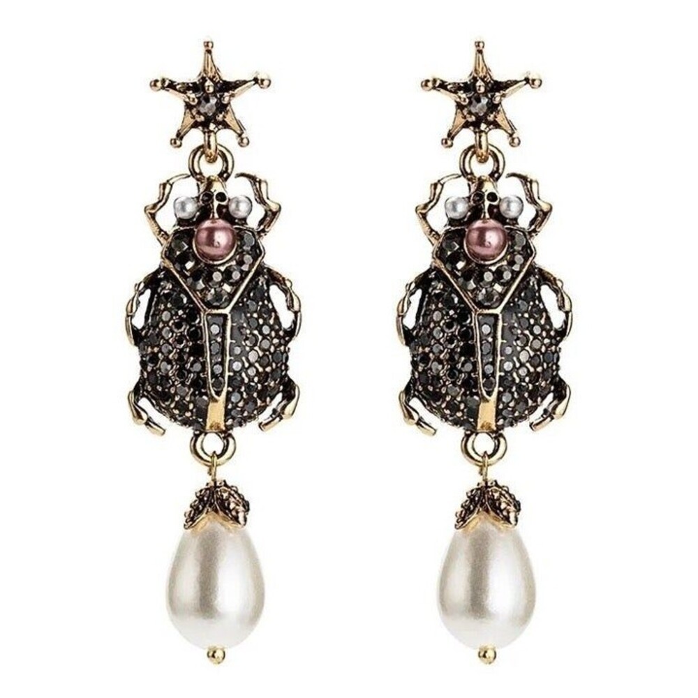 Scarab Earrings Black Crystal beetle w/ Pearl drop